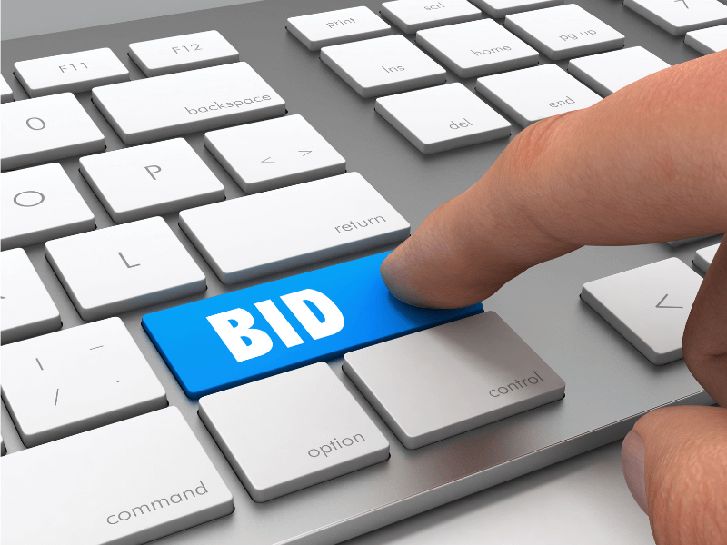 Buying property at auction with bidders raising hands during a property sale